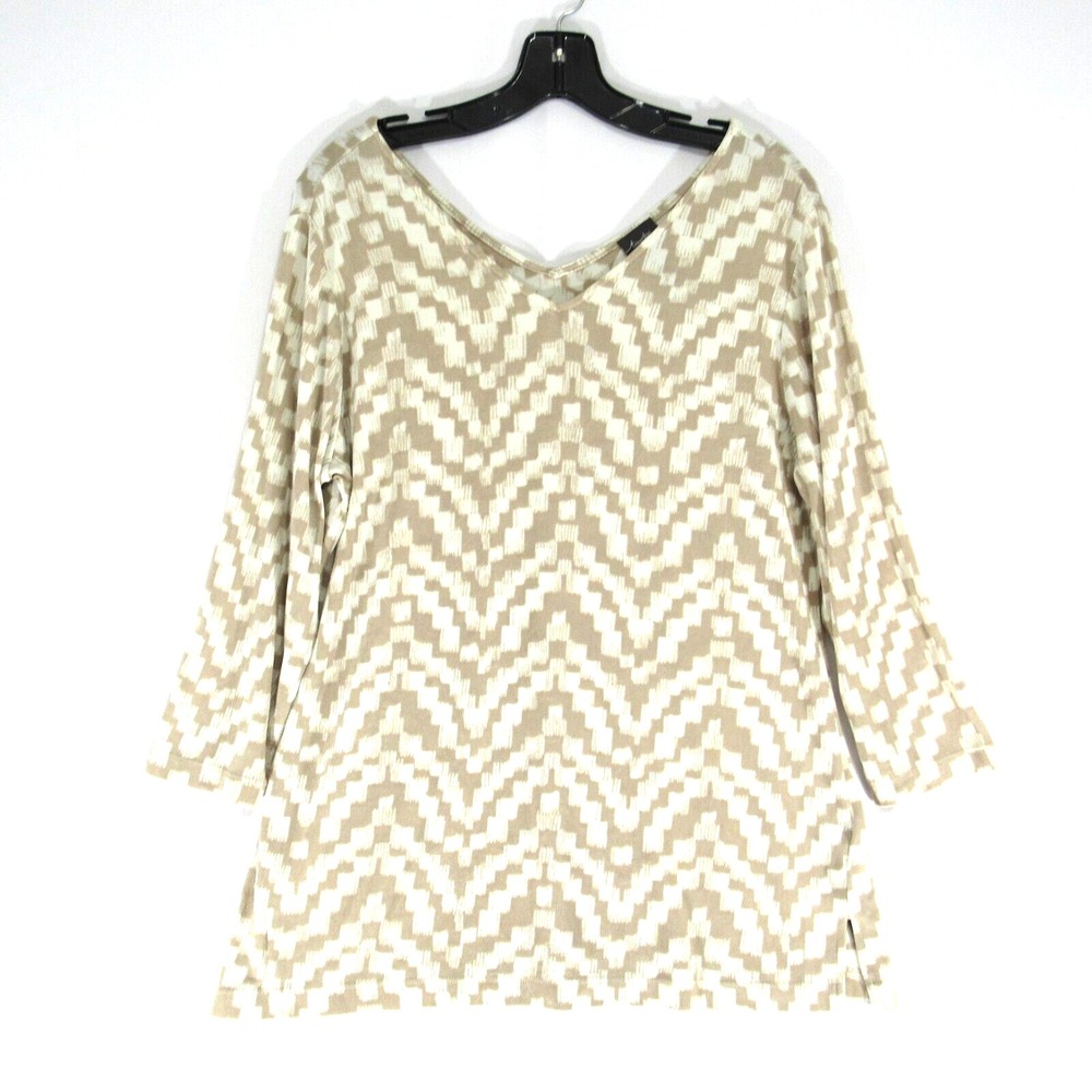 Chico's Travelers Women's 3/4 Sleeve Acetate Top Shirt Size 1 Beige Ivory V Neck